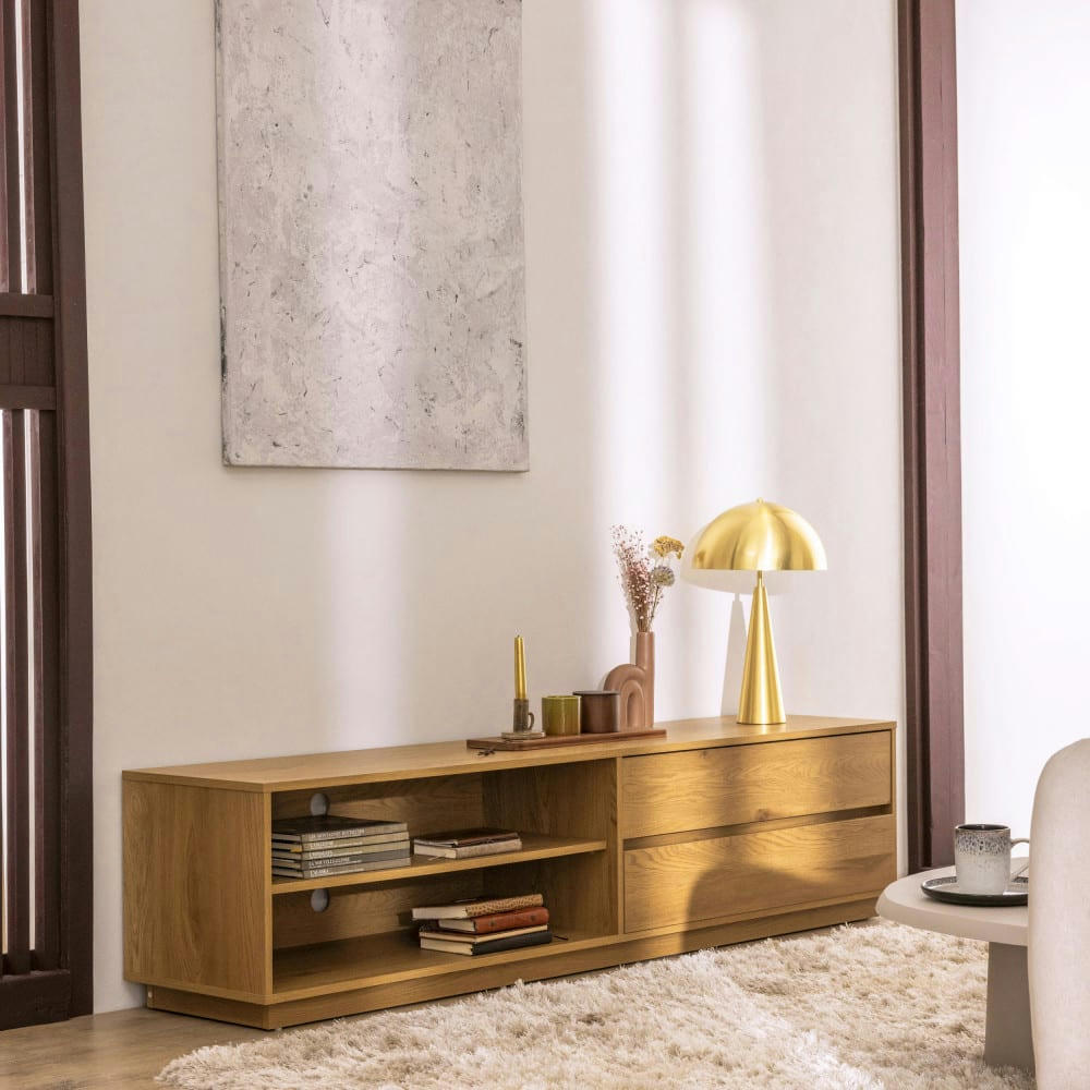 SINCE - Meuble tv 2 tiroirs, 2 niches en bois L180cm bois clair