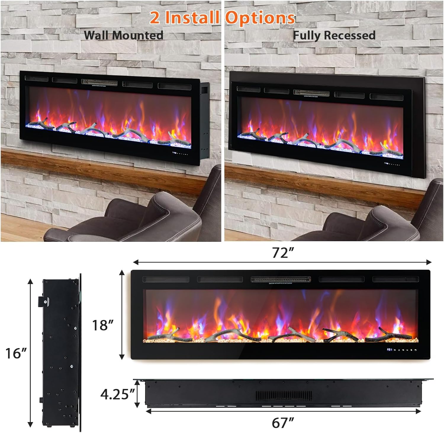 60 in Electric Fireplace, Recessed/Wall Mounted Linear Fireplace with WiFi & Remote Control, Multicolor Flame Effect, 750W/1500W Heating, Includes Log & Crystal Decor, Black