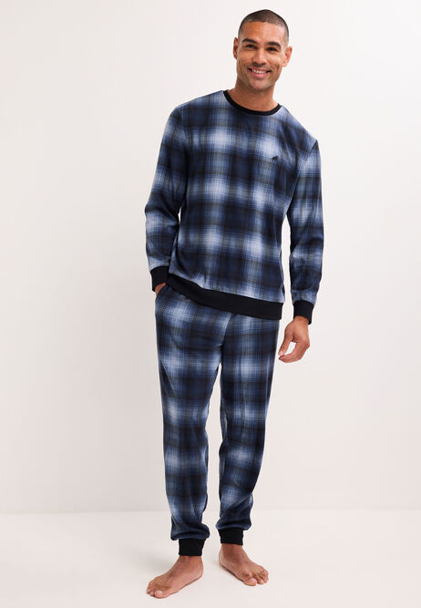 Mens Blue Check Fleece Pyjama Set