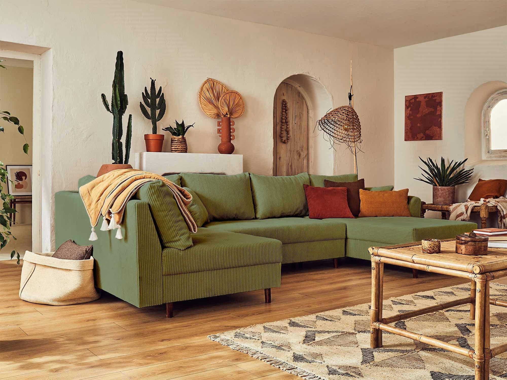 RUNE - Canapé d'angle gauche 7 places en velours côtelé vert