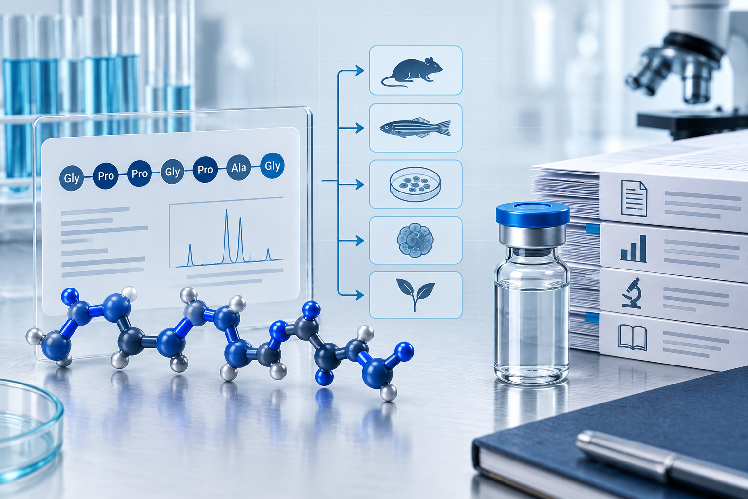 A blue fifteen-node peptide ribbon beside a BPC-157 research vial on a pale technical laboratory grid.