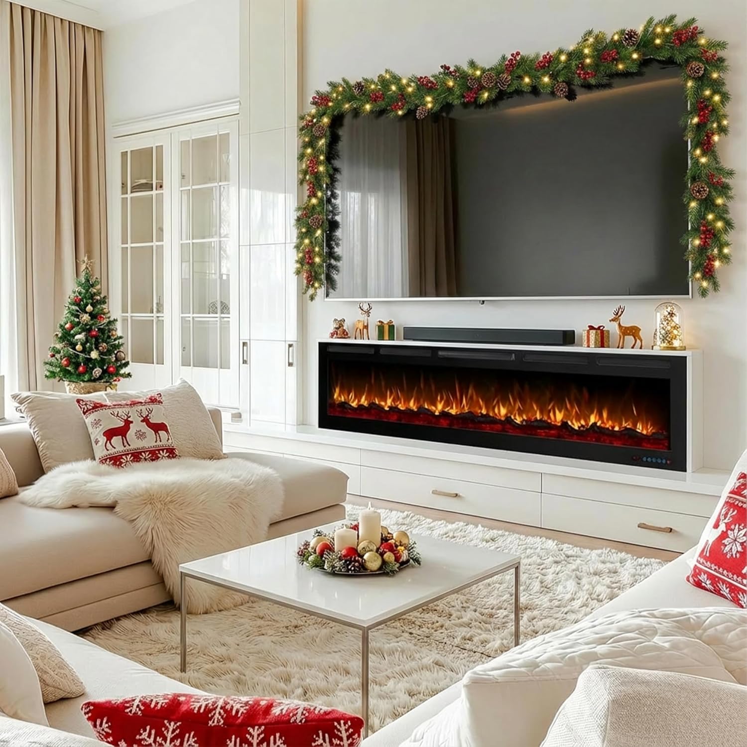 50 Inch WiFi Electric Fireplace Heater with Sound, Wall Mounted, Recessed or Free‑Standing, 750/1500W, 13 Flame & Fuel Bed Colors, Dimmable, Remote & App Control, Alexa & Google Home