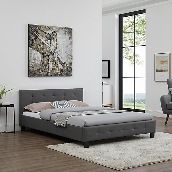 Lit double MATHIEU, 140 x 190 cm, capitonné avec sommier, revêtement synthétique gris