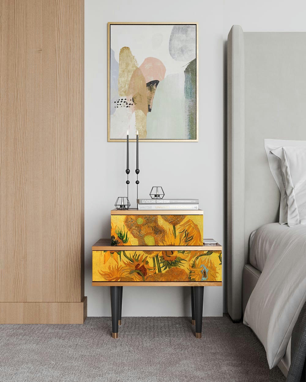 SUNFLOWERS BY VINCENT VAN GOGH - Table de chevet jaune 2 tiroirs L 58 cm