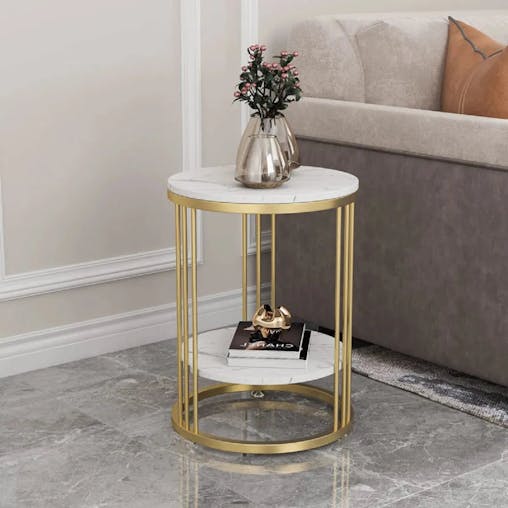 NNEOBA Round Marble Accent Table - Gold Frame, 2-Tier Nightstand