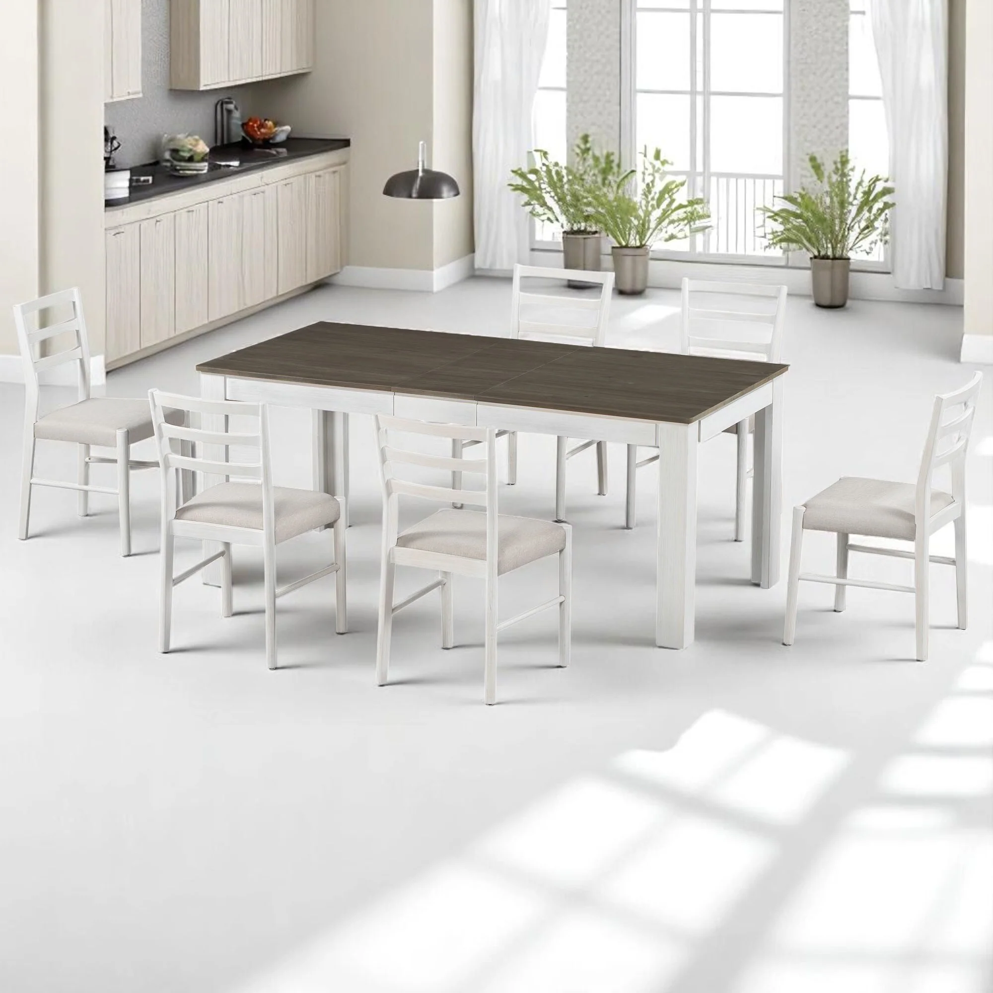 7-Piece Extendable Dining Set with 2 Drawers, Solid Wood Table and 6 Upholstered Chairs - Expandable for Kitchen & Dining Room