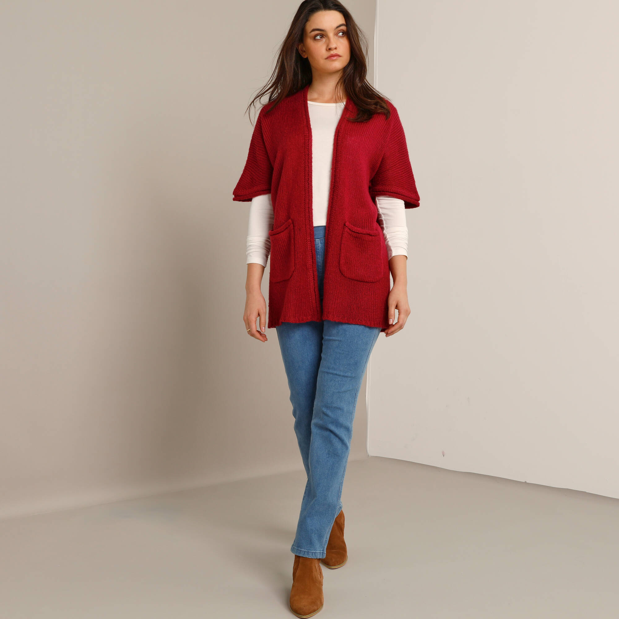 Gilet long ouvert manches courtes toucher doux