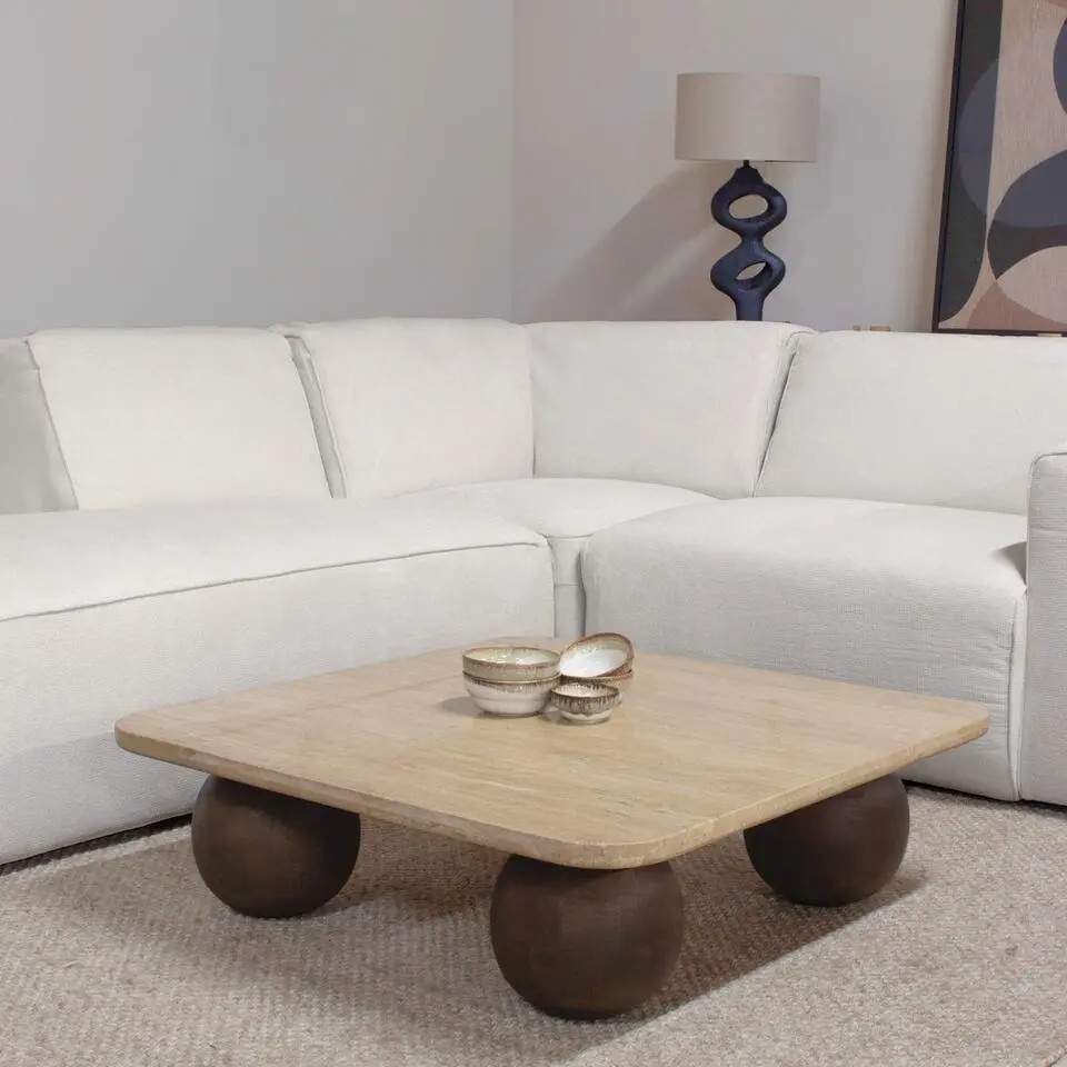 Salontafel Travertin/Mangohout - 90x90x27cm - Nori