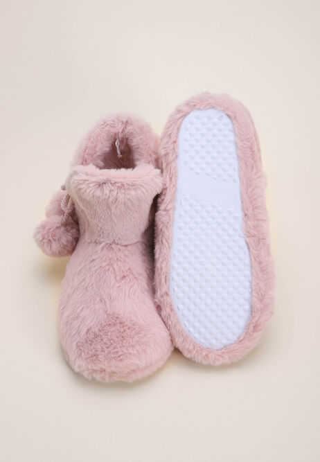Womens Pink Faux Fur Pom Pom Slipper Boots