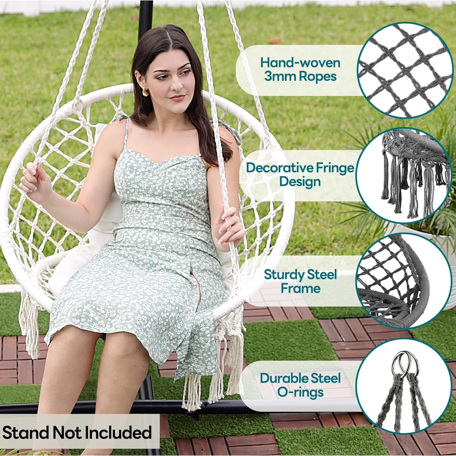 JoyView Macrame Hammock Chair Hanging Swing Chair Max 330 Lbs with 2 Cushions and Hardware Kits for Indoor Outdoor Bedroom Patio Garden - Dark Grey