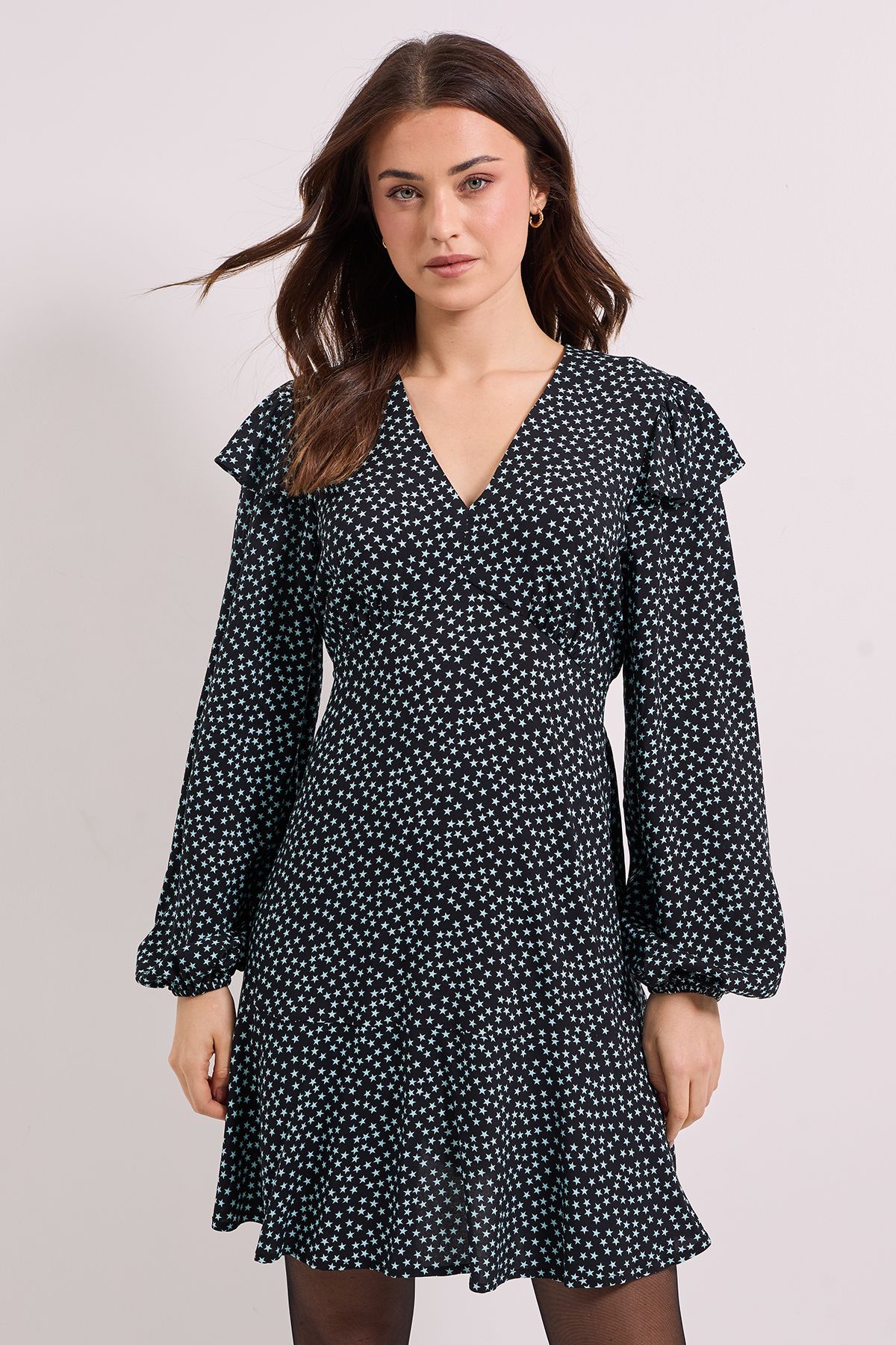 Dorothy Perkins Frill Detail Blouson Sleeve Tie Back Tiered Printed Mini Dress