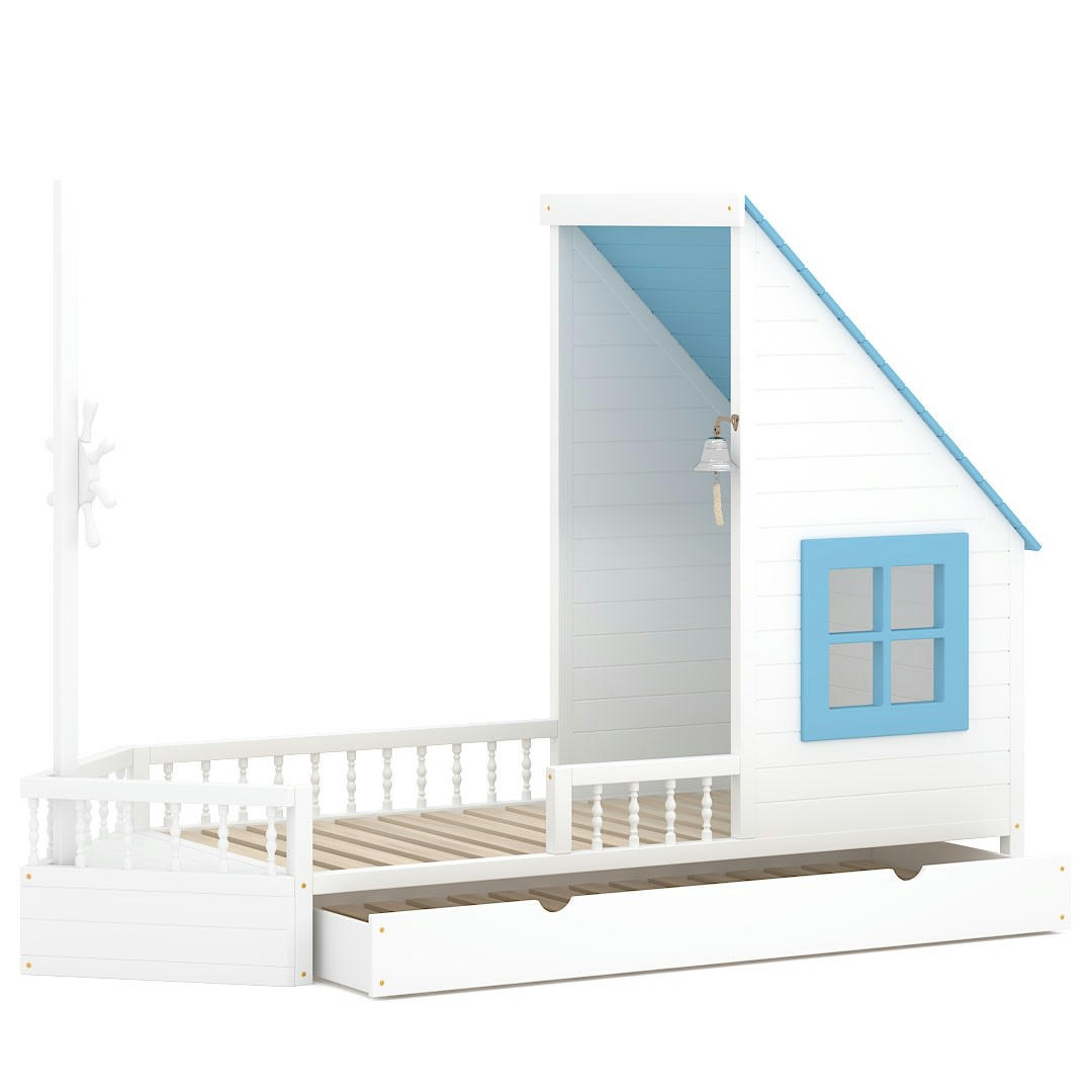 - Lit simple bateau pour enfant en bois de pin massif 200x90 bleu