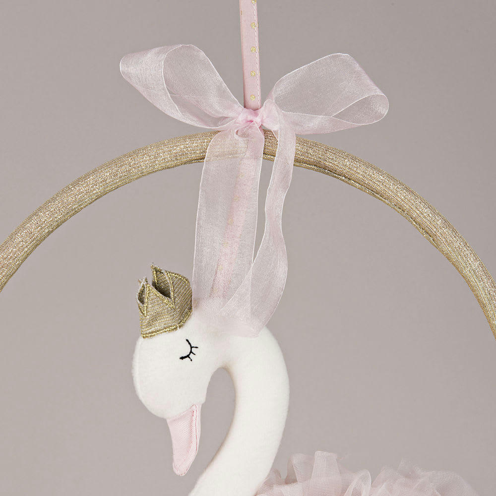 LILLY - Déco murale cygne en coton rose et paillettes dorées 45x45