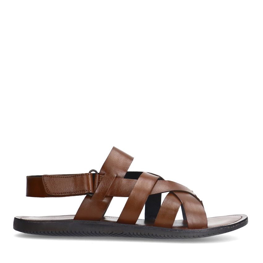 Manfield Leren gevlochten cognac slippers