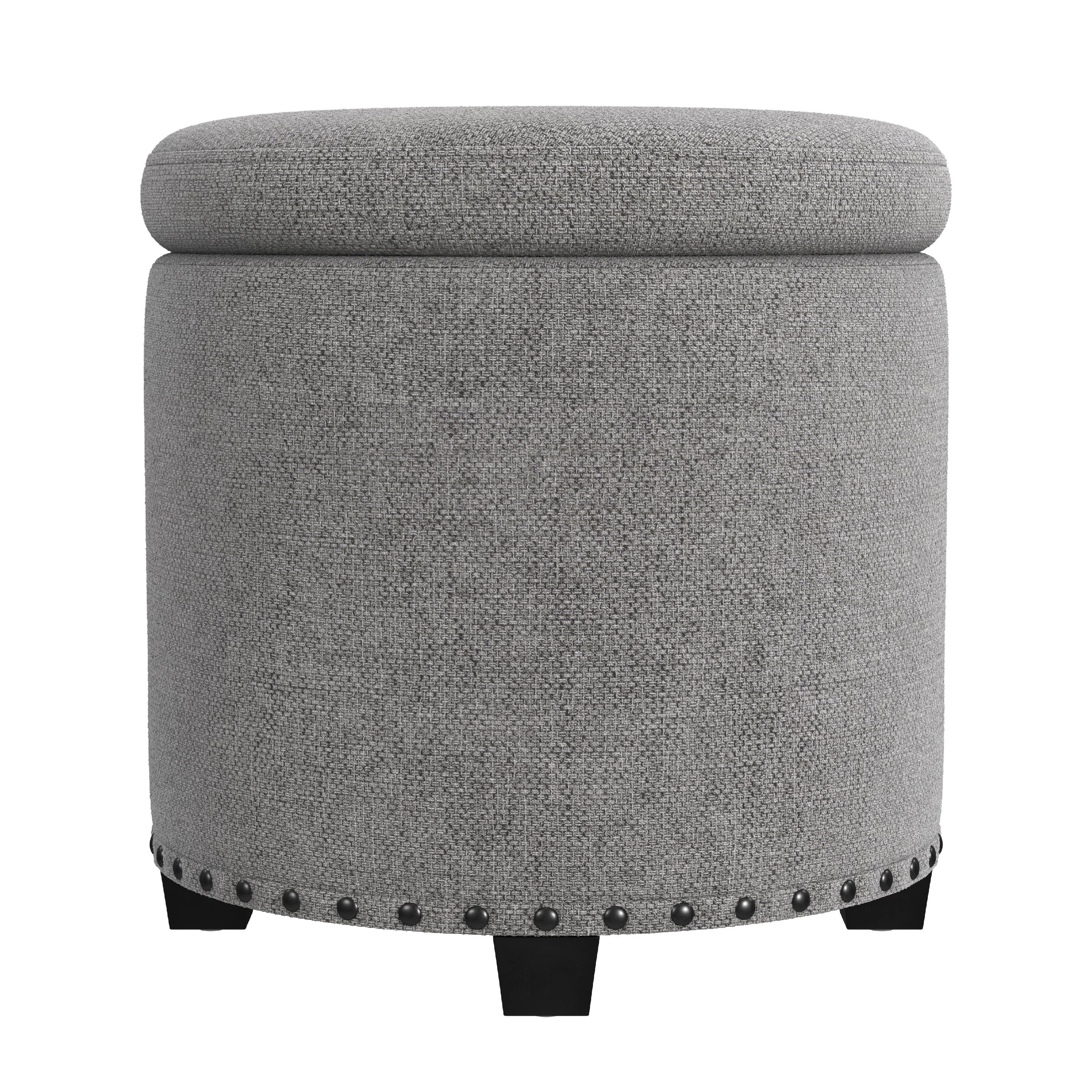 Zoya Storage Ottoman, 19 Inch Round Lift Top, Light Gray Woven Fabric