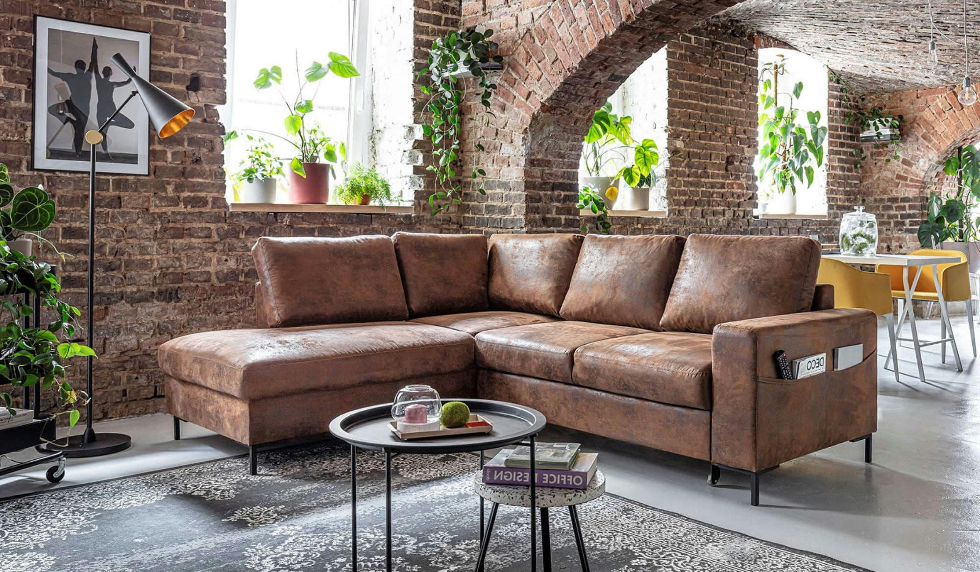 LILLY - Canapé d'angle gauche convertible 5 places en microfibre marron