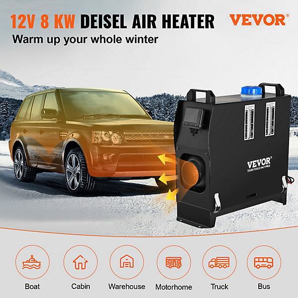 Chauffage stationnement diesel tout-en-un 8kW 12V, chauffage rapide, commutateur LCD, accessoires complets.