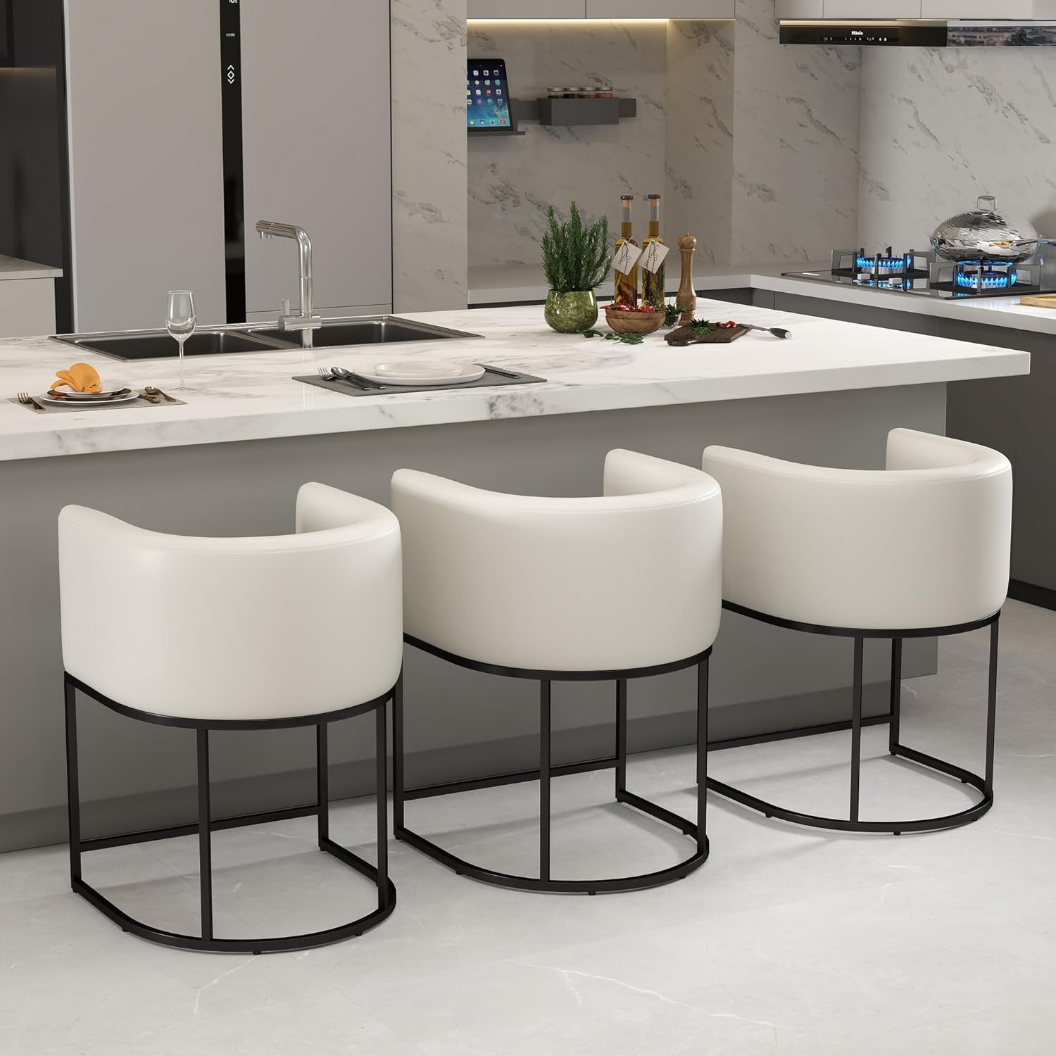 Modern Counter Height PU Leather Upholstered Bar Stools Set of 3, 24 Kitchen Counter Island Stools Bar Chairs with Black Metal Frame, White