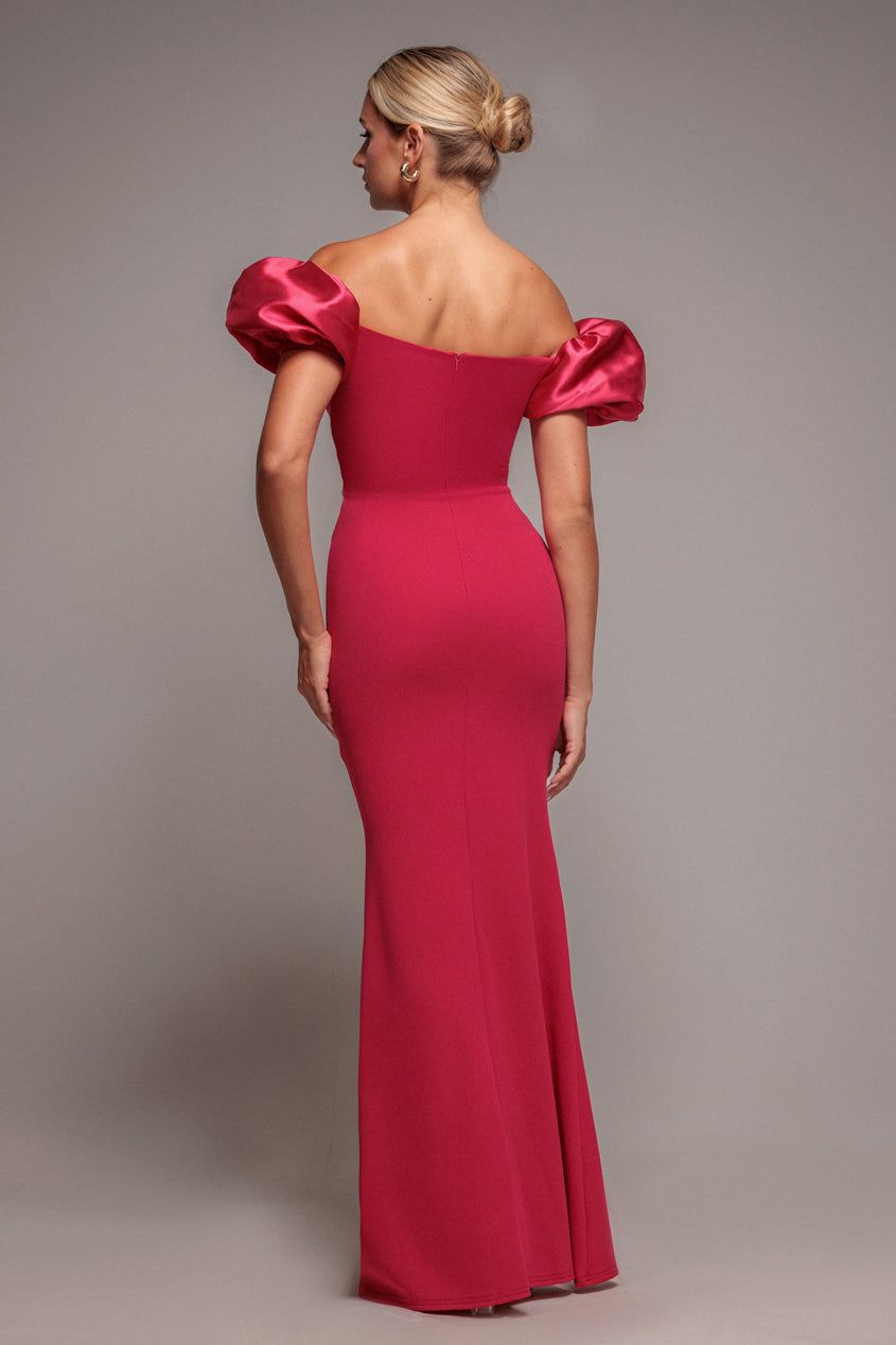Goddiva Puffy Satin Sleeve Scuba Maxi Dress
