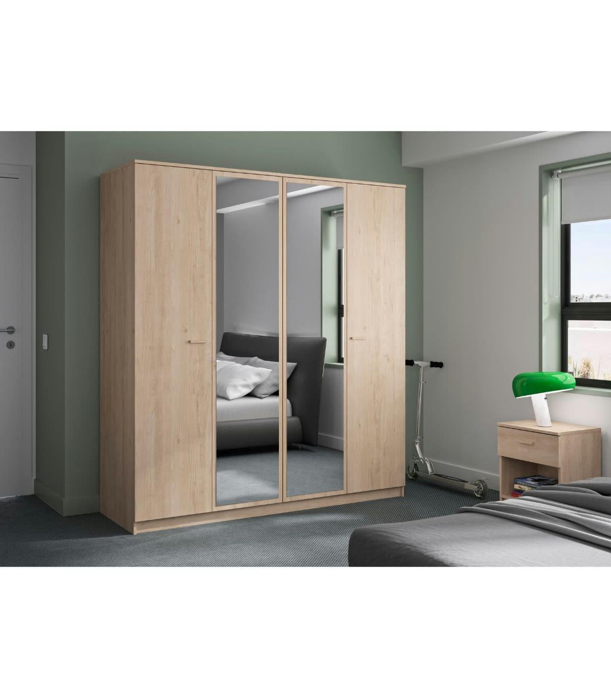 TULLE - Armoire 4 portes 2 miroirs effet bois - H200 x L181cm