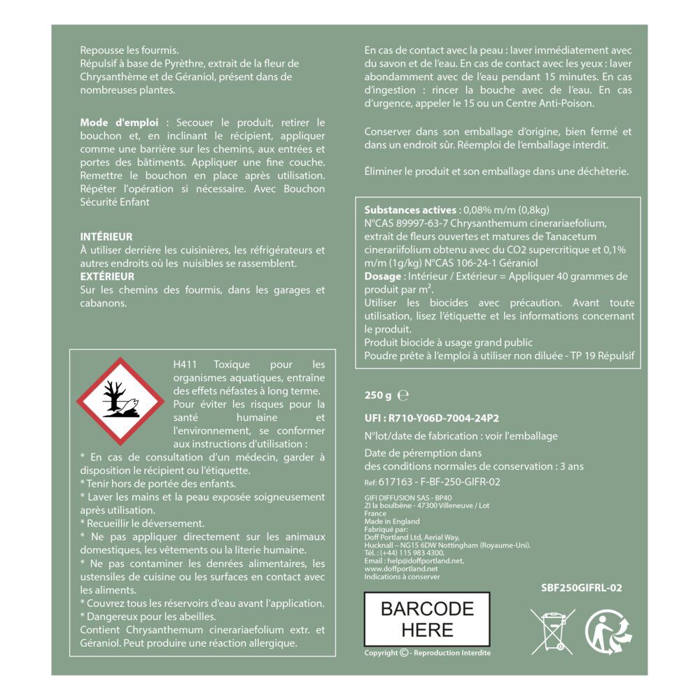 Poudre anti-fourmis et insectes rampants 250g