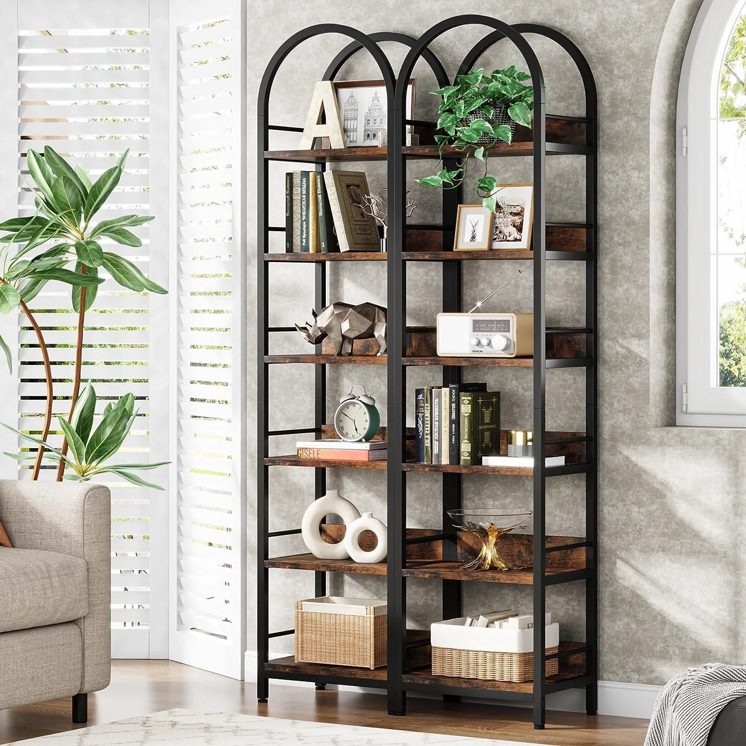 6-Tier Open Bookshelf, 78.7 Tall Arched Display Shelf Rack, Brown