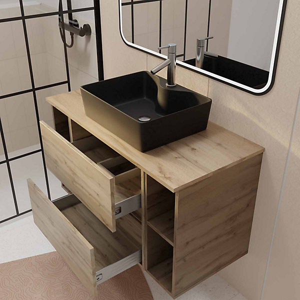 Meuble salle de bains 100 TIMBER Décor Chêne 2 Tiroirs Vasque Noire Rectangulaire Miroir LED noir