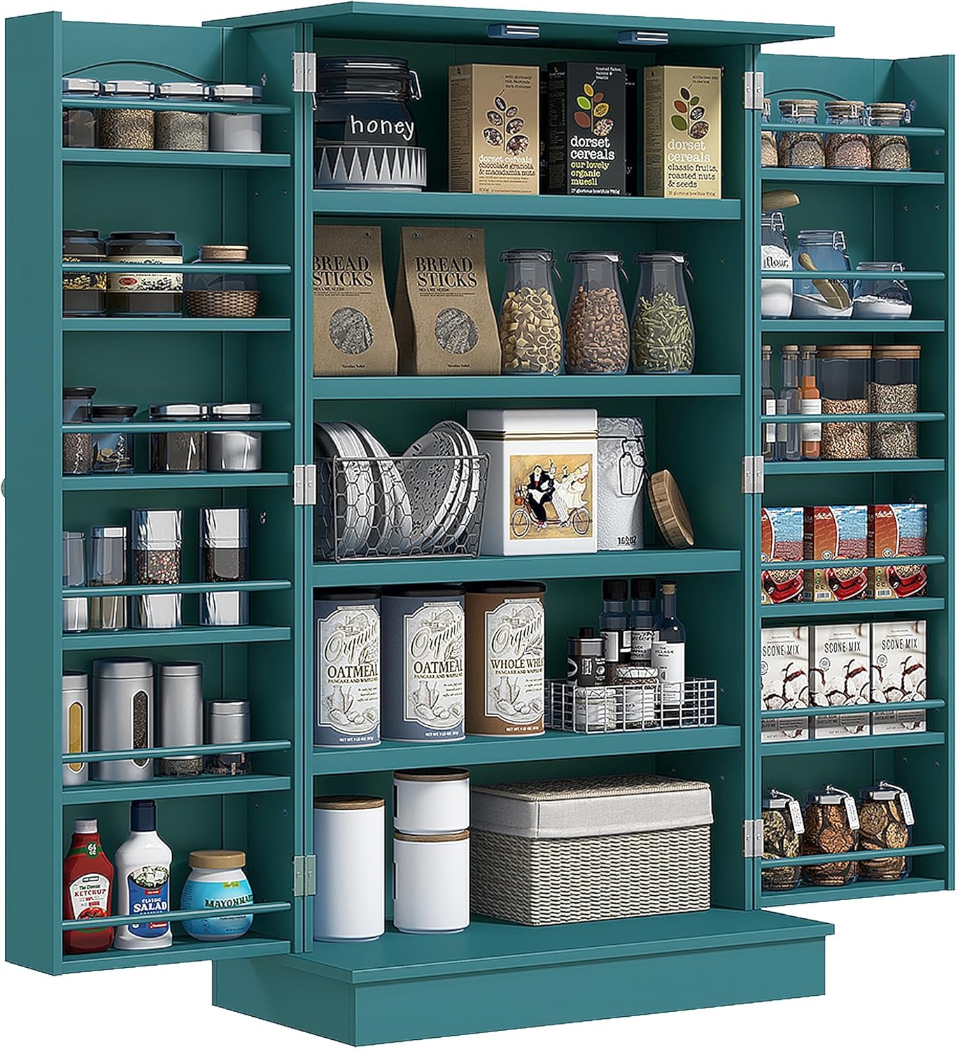 HOMCOM 41 Kitchen Pantry Storage Cabinet, Freestanding Kitchen Cabinet with 12 Door Shelves, Double Doors, 5-Tier Shelving and Adjustable Shelves, Blue