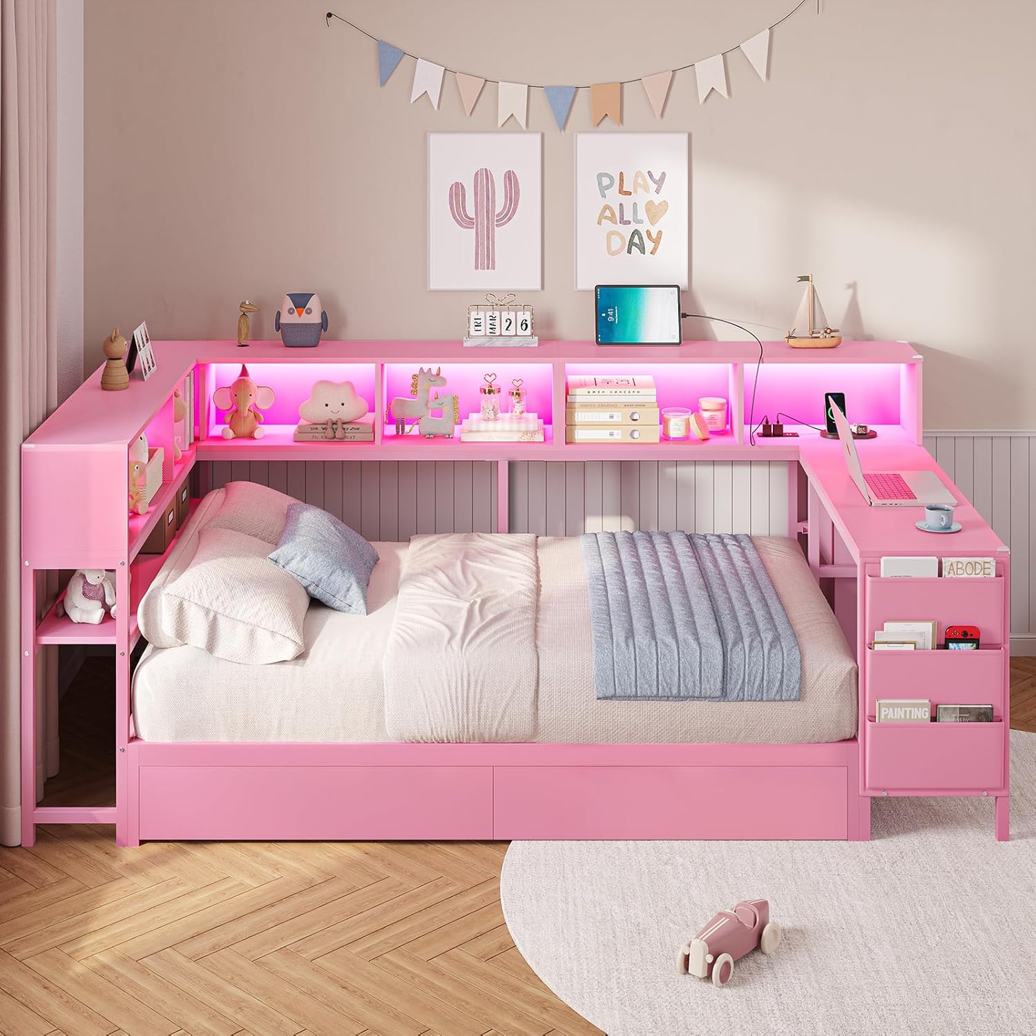 DICTAC Corner Twin Bed Frame with Desk,Charging Station and Bookcase Storage Pink Bed Frame for Girls with Storage Drawers and Led Lights Twin Size Daybed with Open Shelves,No Box Spring Needed