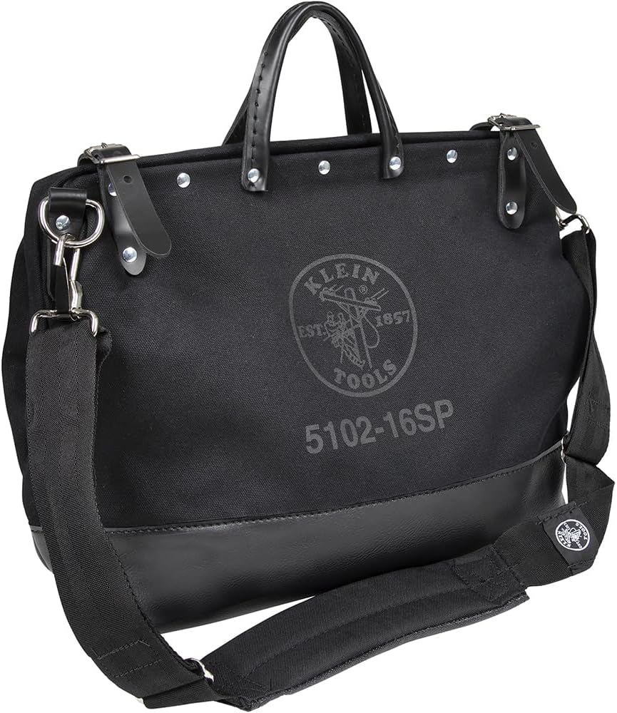 Klein Tools 510216SPBLK Tool Bag, Large 16-Inch Deluxe Canvas Tool Bag and Organizer with 13 Pockets and Shoulder Strap, Black