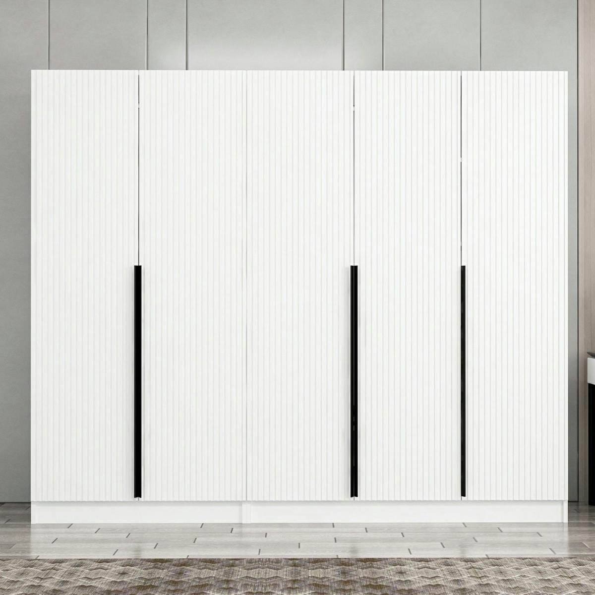 Armoire penderie blanche, 5 portes rainurées 3 portants BYRON
