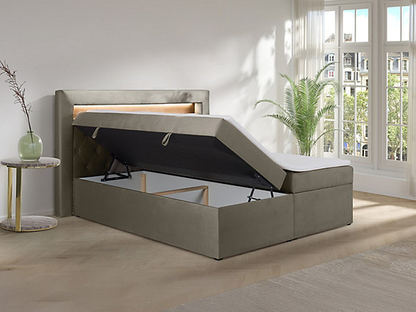 Ensemble complet literie déco tête de lit avec led   sommiers coffre   matelas   surmatelas - 180 x 200 cm -Velours - Taupe -