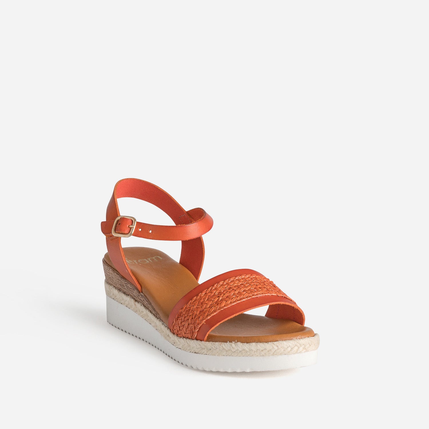 Sandale compensée orange cuir et tressage