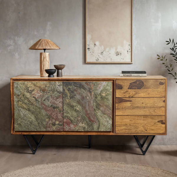 Kredens Sheesham Drewno Masywne 150x40x55 cm Komoda 2 Drzwi 3 Szuflady
