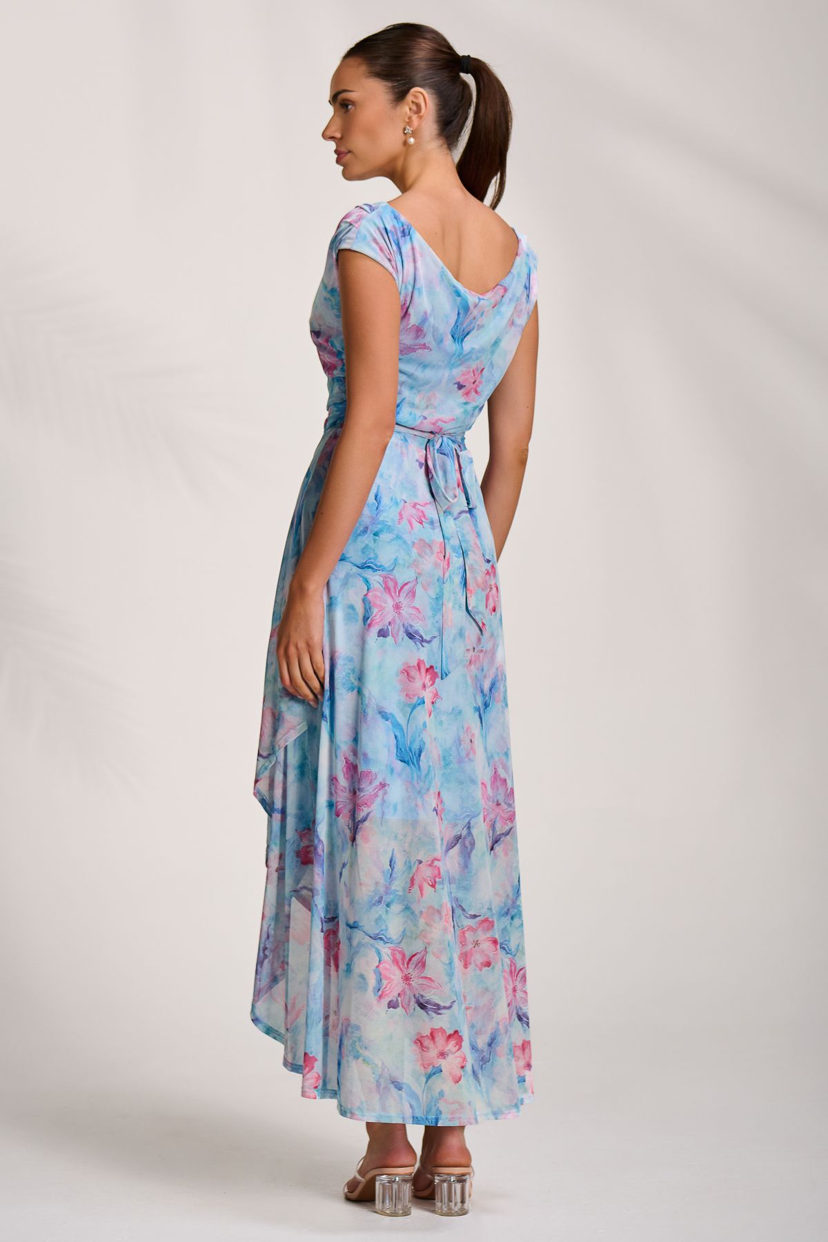 Jolie Moi Asymmetric Draped Mesh Maxi Dress