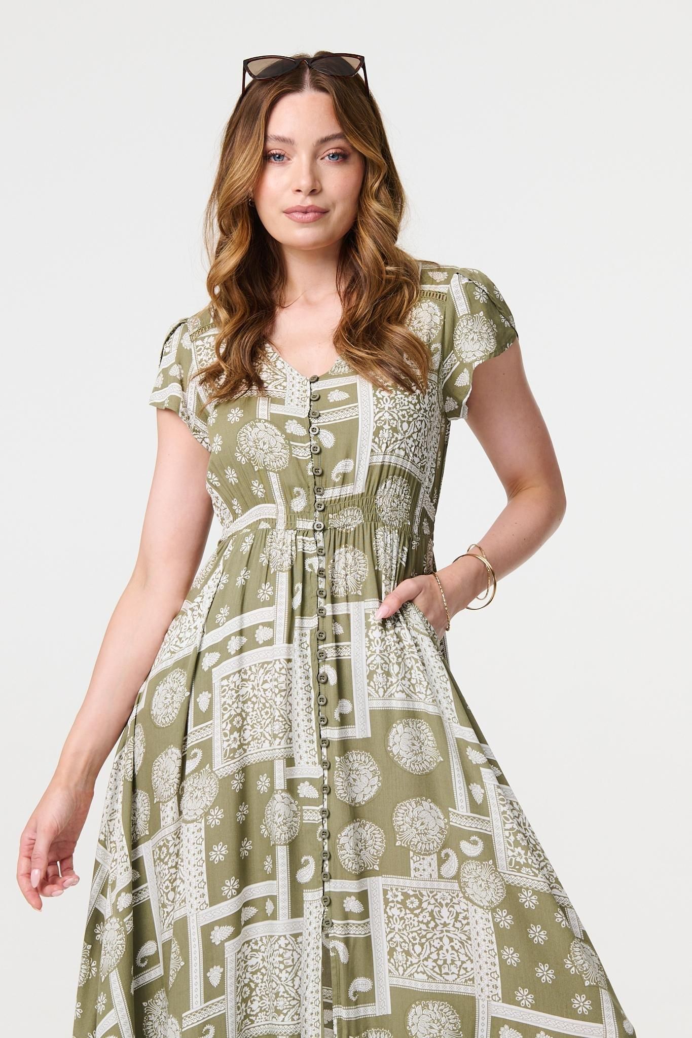 Izabel London Printed V-Neck Cap Sleeve Maxi Dress