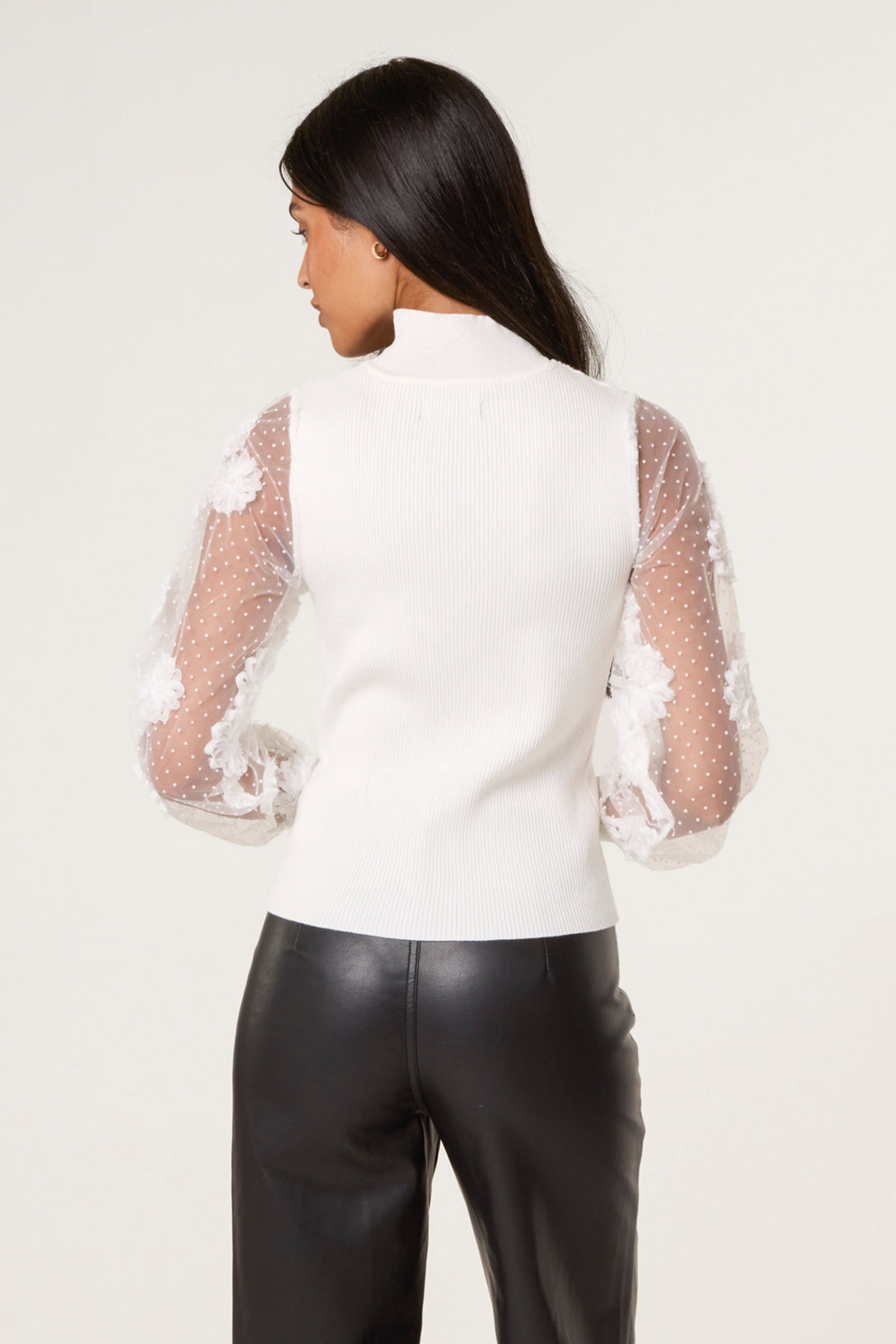 Blue Vanilla White Turtle Neck Jumper With Mesh Polka Dot And Flower Detail