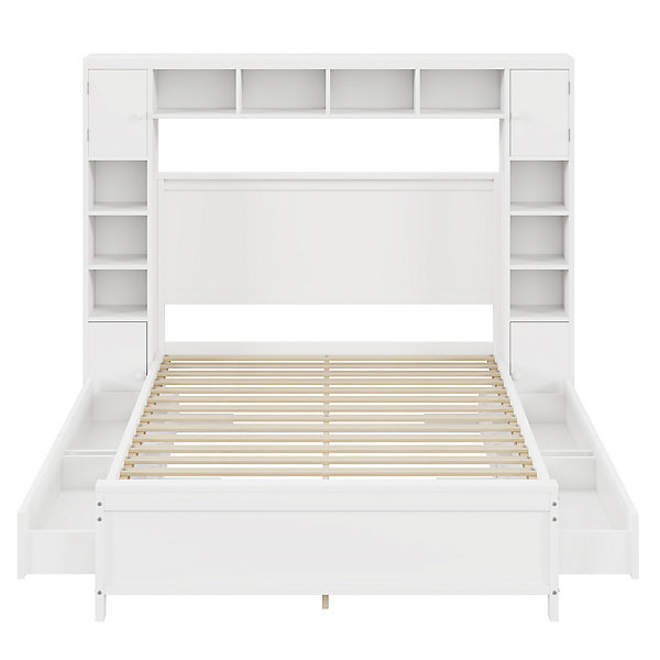 Lit adulte lit 140x200 cm lit sommier à lattes avec 4 tiroirs et armoire de rangement lit double bois massif blanc