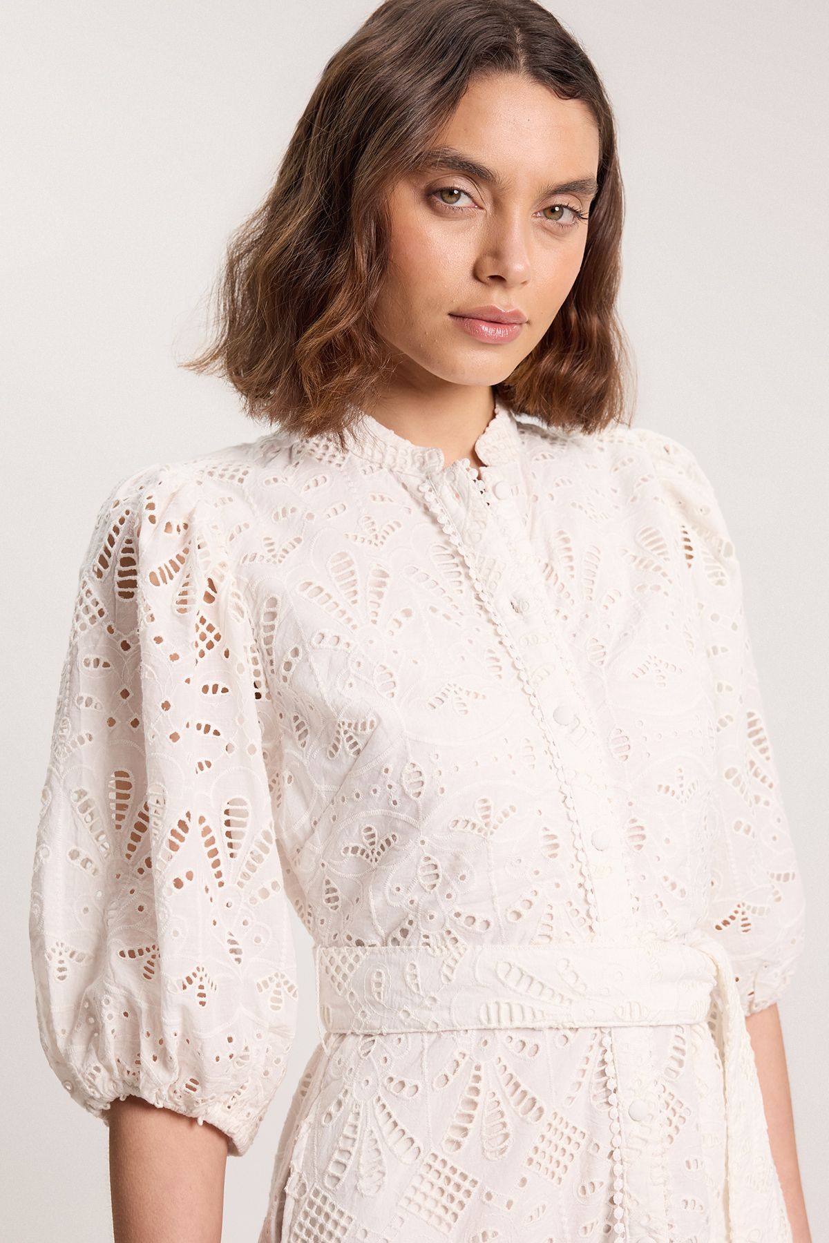 KarenMillen Scalloped Hem Broderie Midi Shirt Dress