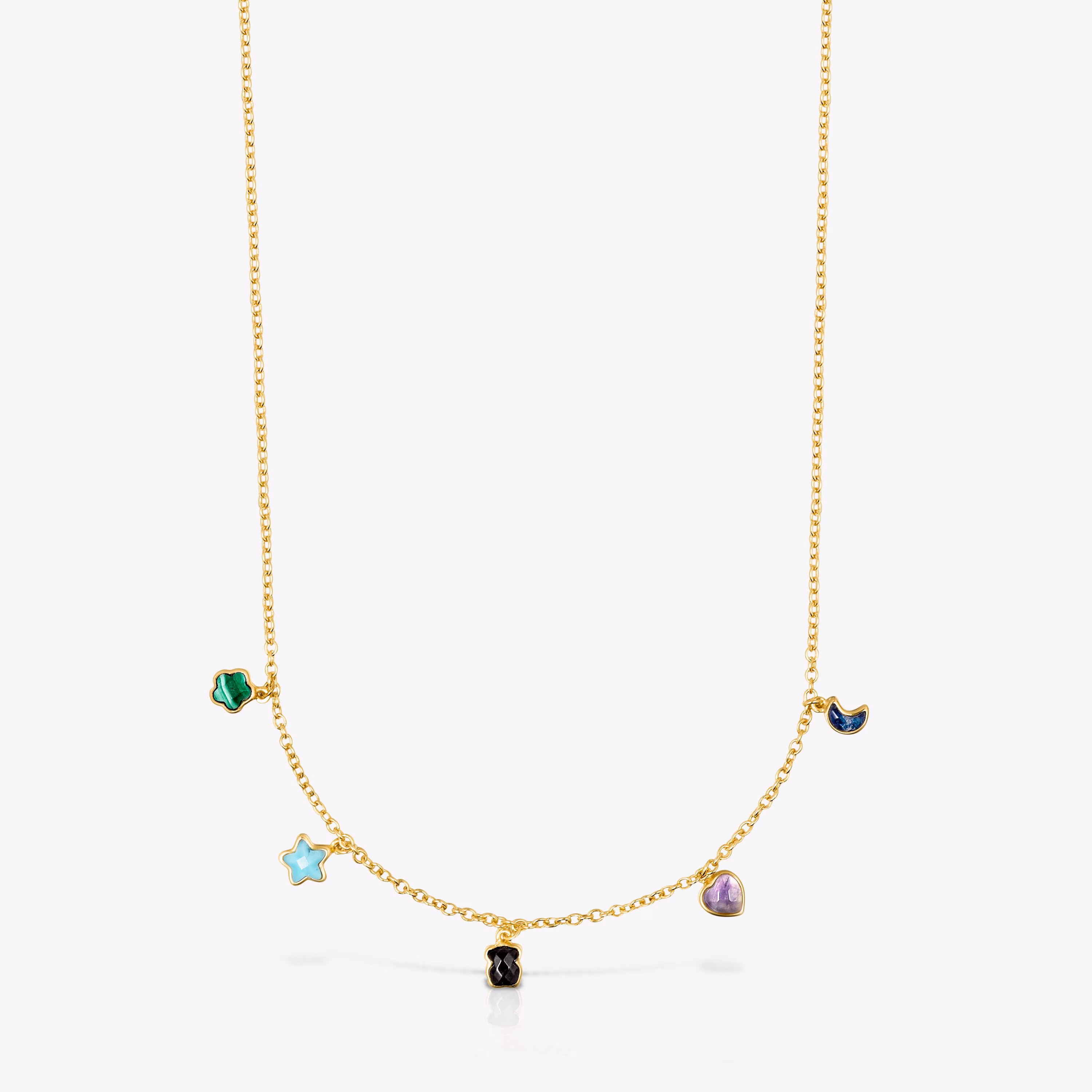 Collar con baño de oro 18 kt sobre plata y cinco motivos de gemas multicolores de 2-5mm. 45 cm Glory