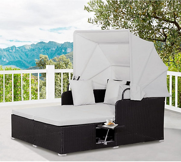 Lit de Jour en Rotin Extérieur avec Auvent Rétractable, Coussin et Oreiller Lavables,Plateaux Latéraux Pliables,Mobilier en Rotin