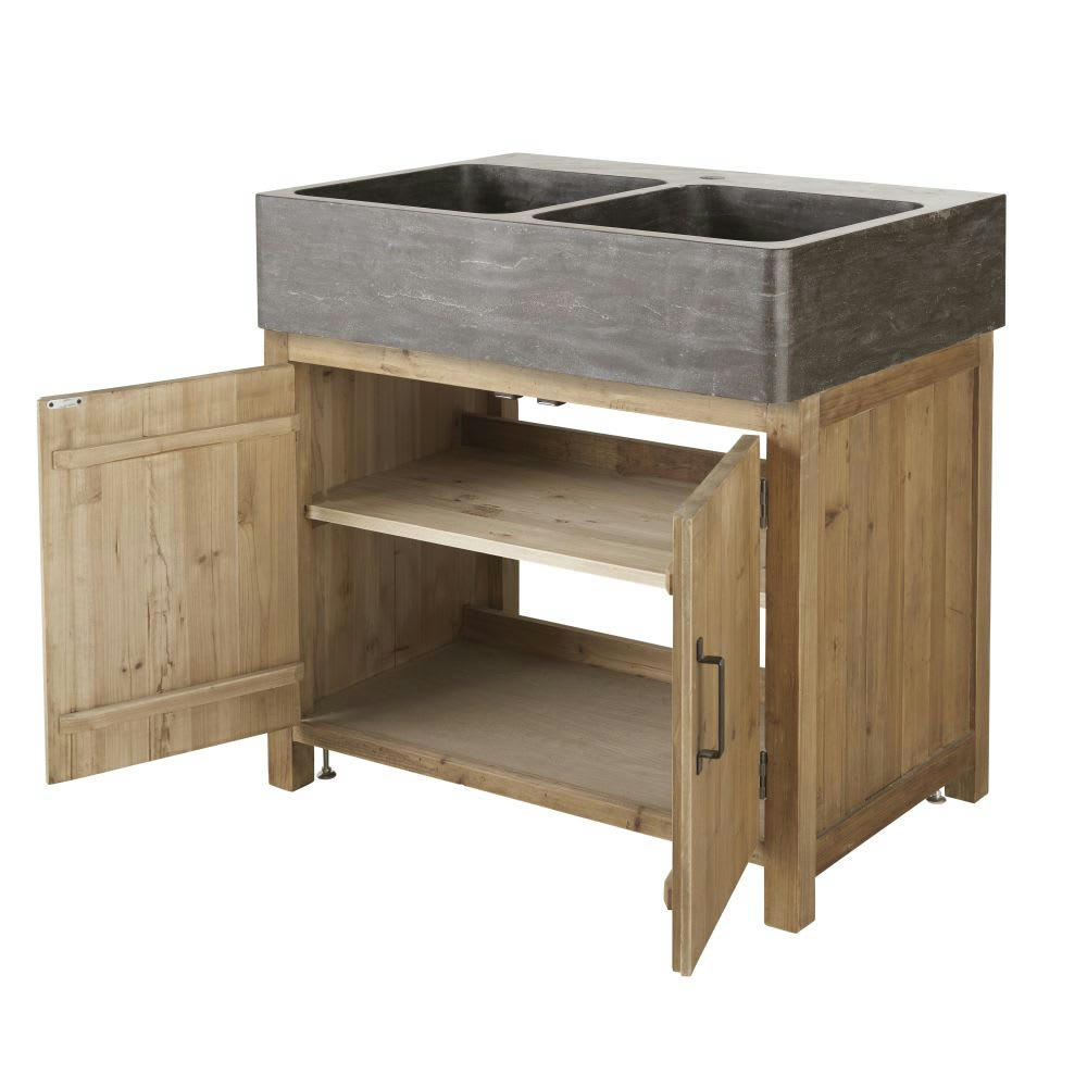 Aubagne - Meuble bas de cuisine pour évier 2 portes en pin recyclé effet vieilli