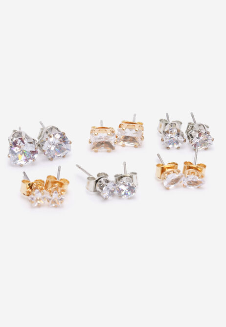 Womens 6pk Gold & Silver Diamante Stud Earrings