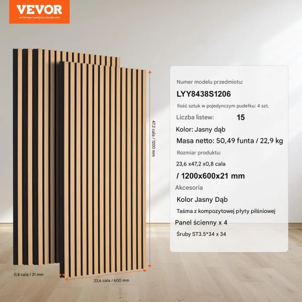 Panele akustyczne ścienne jasny dąb 60x120 cm, łatwy montaż, wygłuszające