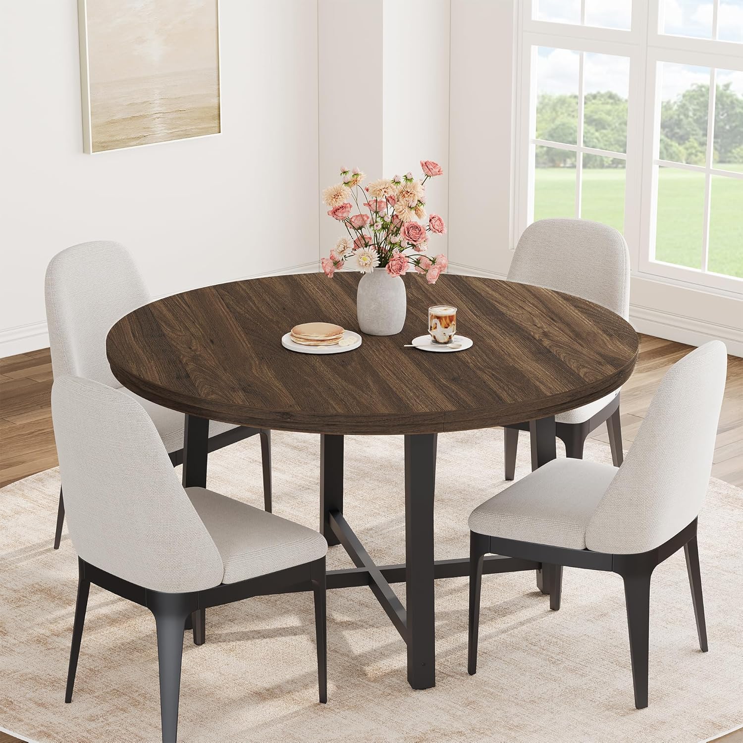 IDEALHOUSE 47 Round Dining Table for 4, Kitchen Dining Room Table with Sturdy Metal Frame, Wood Circle Kitchen Table for Space Saving -Brown (No Chairs)