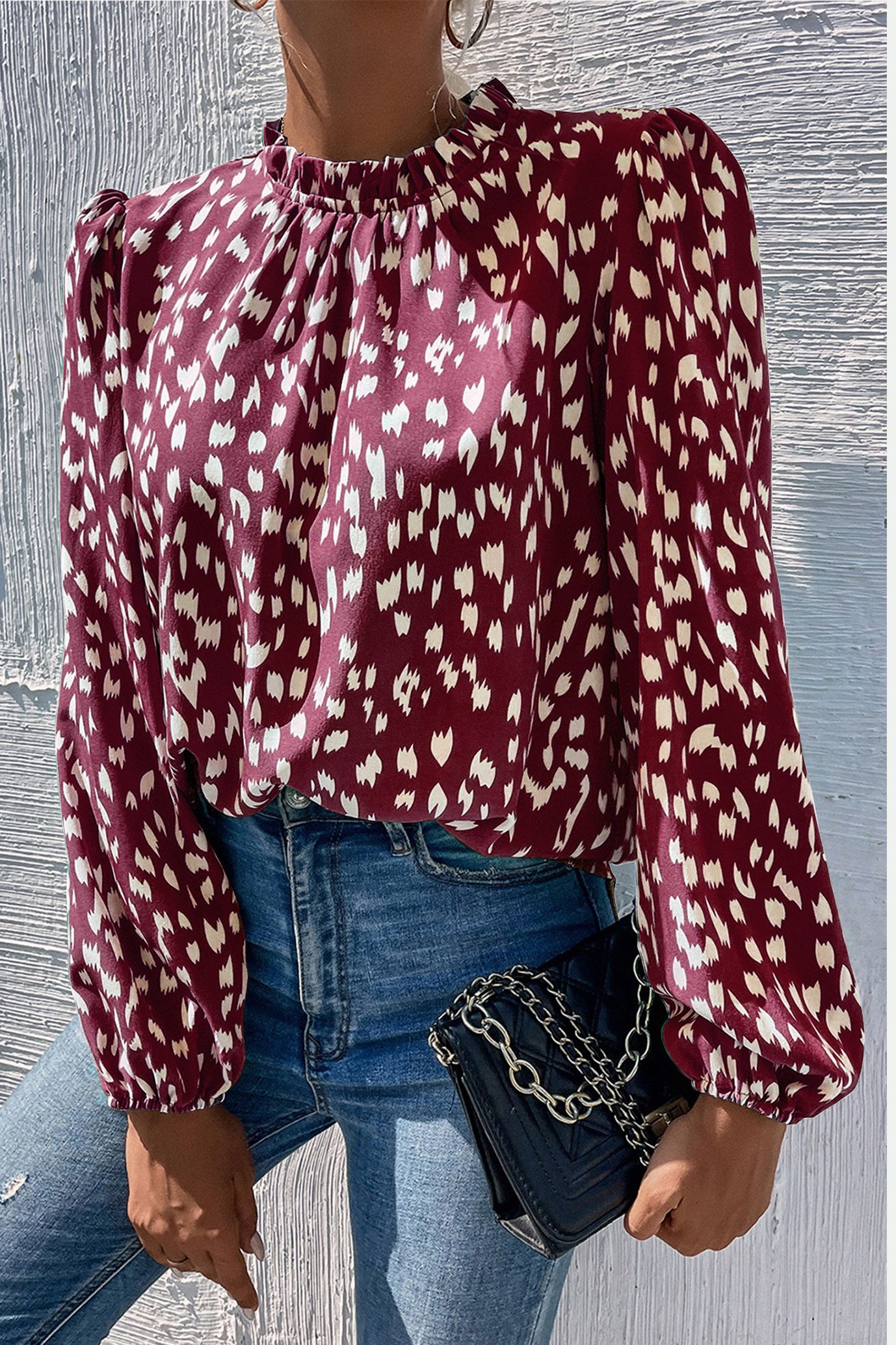 FS Collection Animal Print Frill Detail High Neck Top In Wine