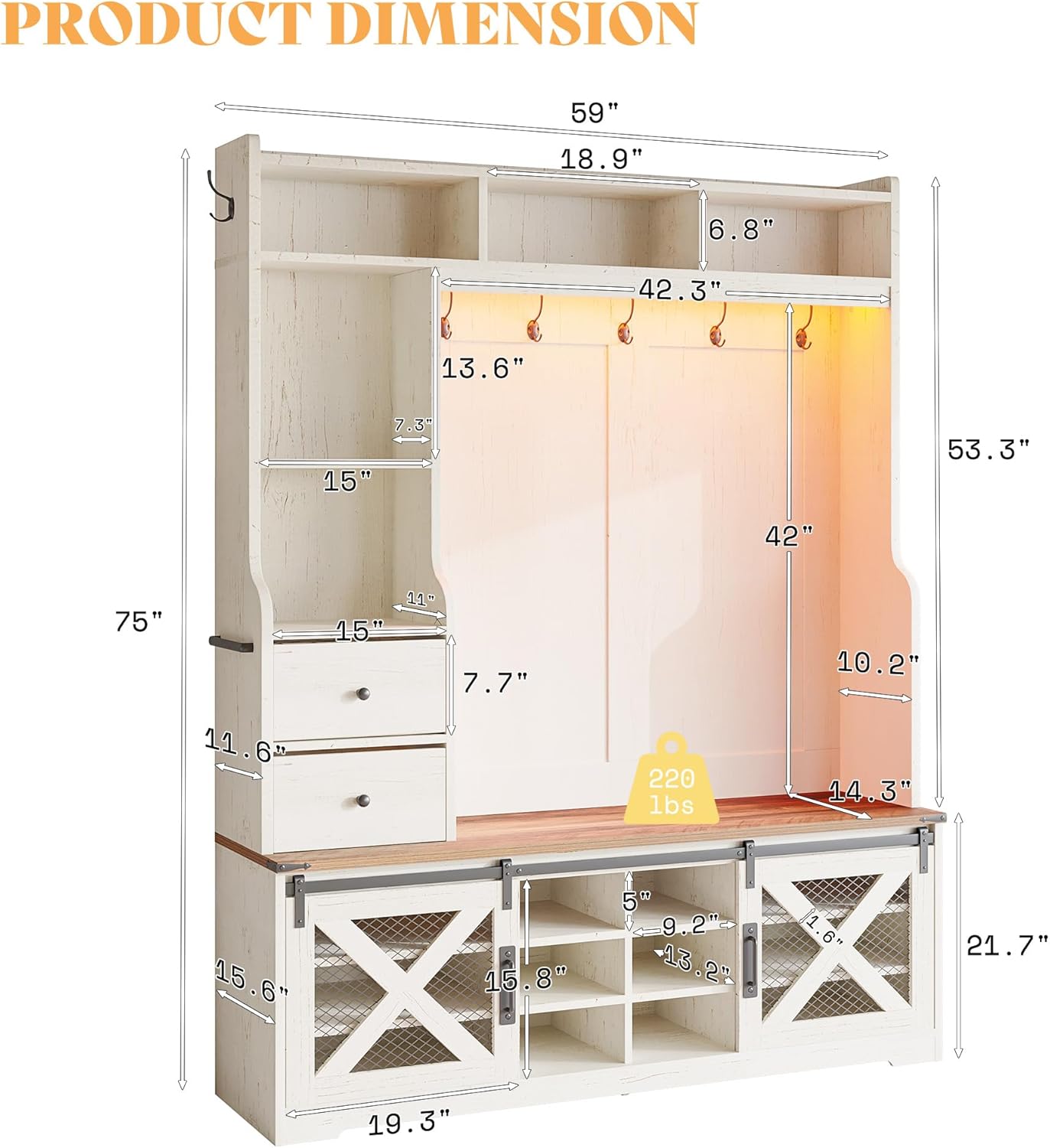 AMERLIFE 7-in-1 Farmhouse Hall Tree with Bench and Shoe Cabinet, LED Entryway Organizer with 2 Drawers, 12 Shoe Cubbies & Barn Doors, 7 Coat Racks with Shoe Storage, Rustic White
