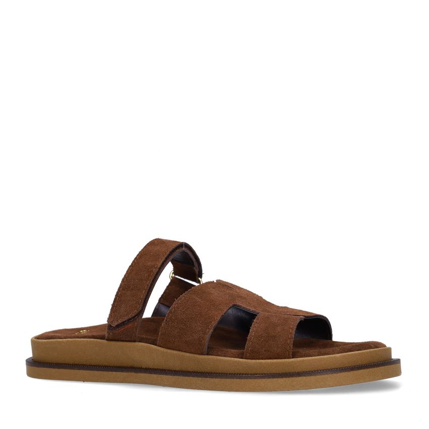 Manfield Bruine suède slippers met bandje