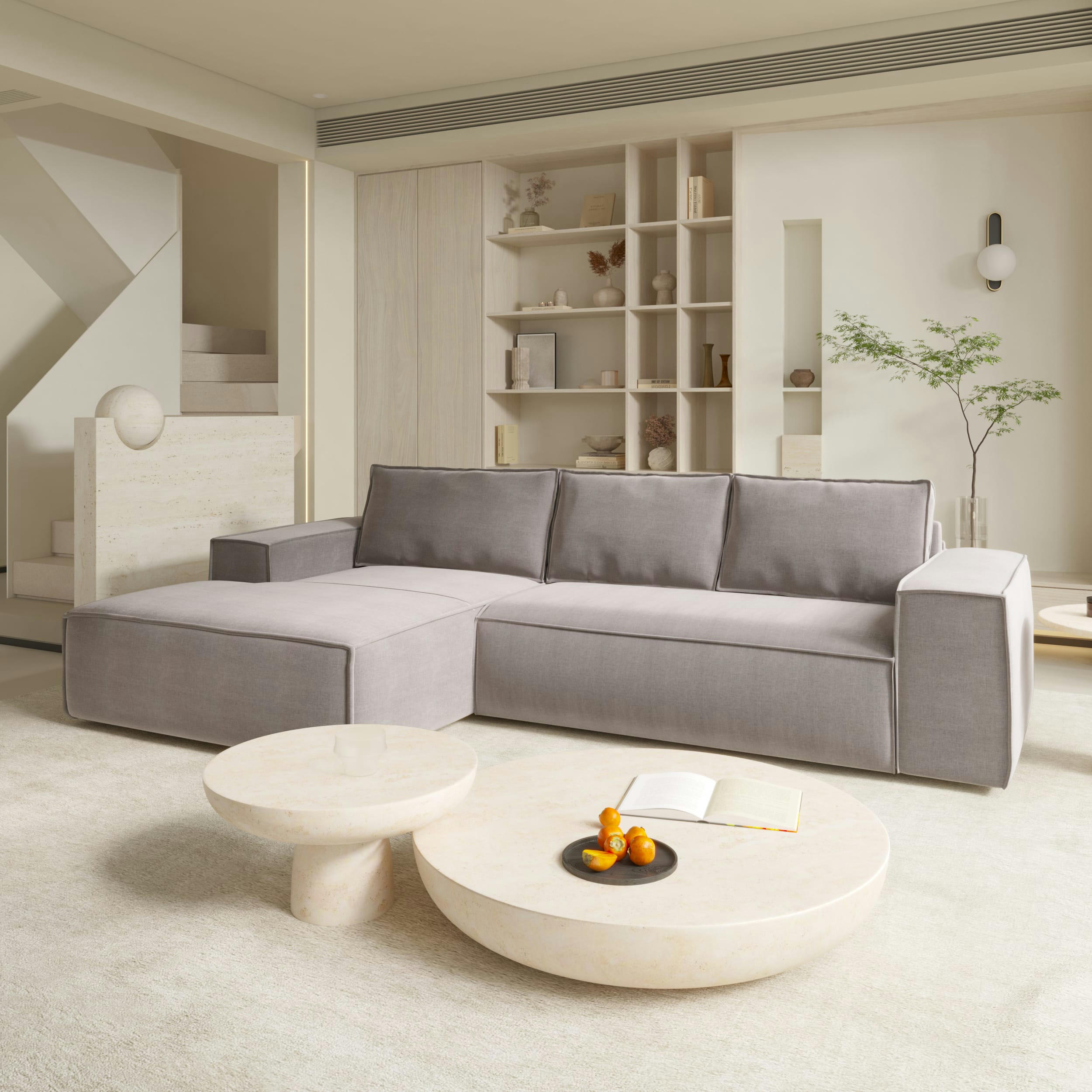 JOAN - Canapé convertible angle gauche dunlopillo velours taupe 140cm