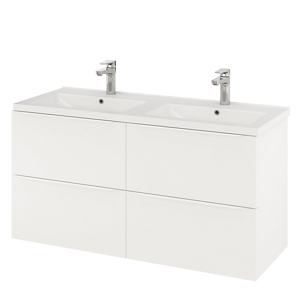 Meuble vasque suspendu blanc mat l.120 cm Imandra   plan double vasque blanc céramique Nira, GoodHome